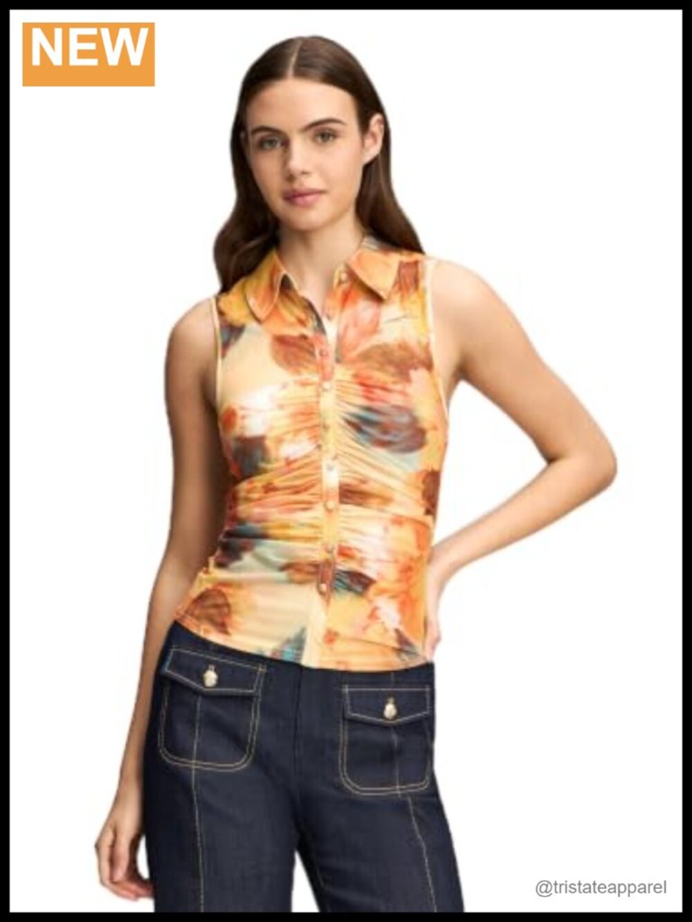 Watercolor Floral Sorrel Mesh Blouse 87% Polyester 13% Spandex Collared Cold